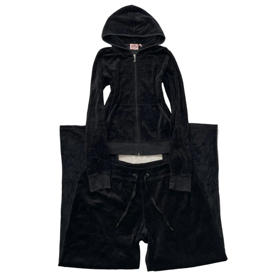Vtg Juicy Couture Women's Black Velour Tracksuit Set Hoodie & Flared Pant Size L