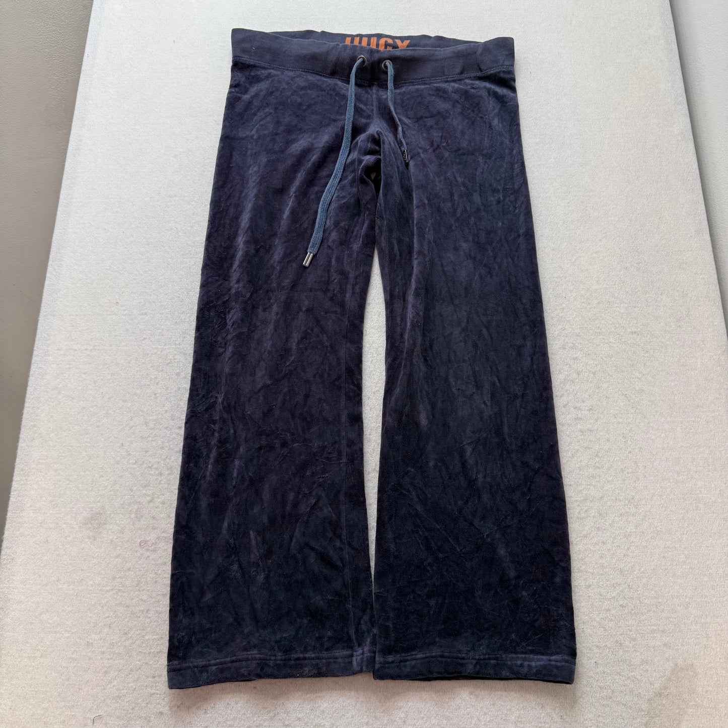 Vintage Juicy Couture Women's Navy Velour Wide Leg Track Pant Back Pocket Size S