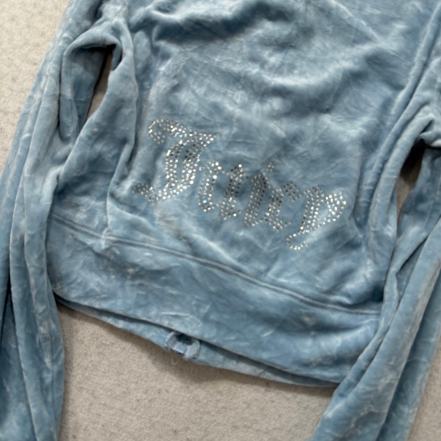Juicy Couture Women's Ice Blue Velour Full Zip Hoodie Rhinestone Logo Size XS