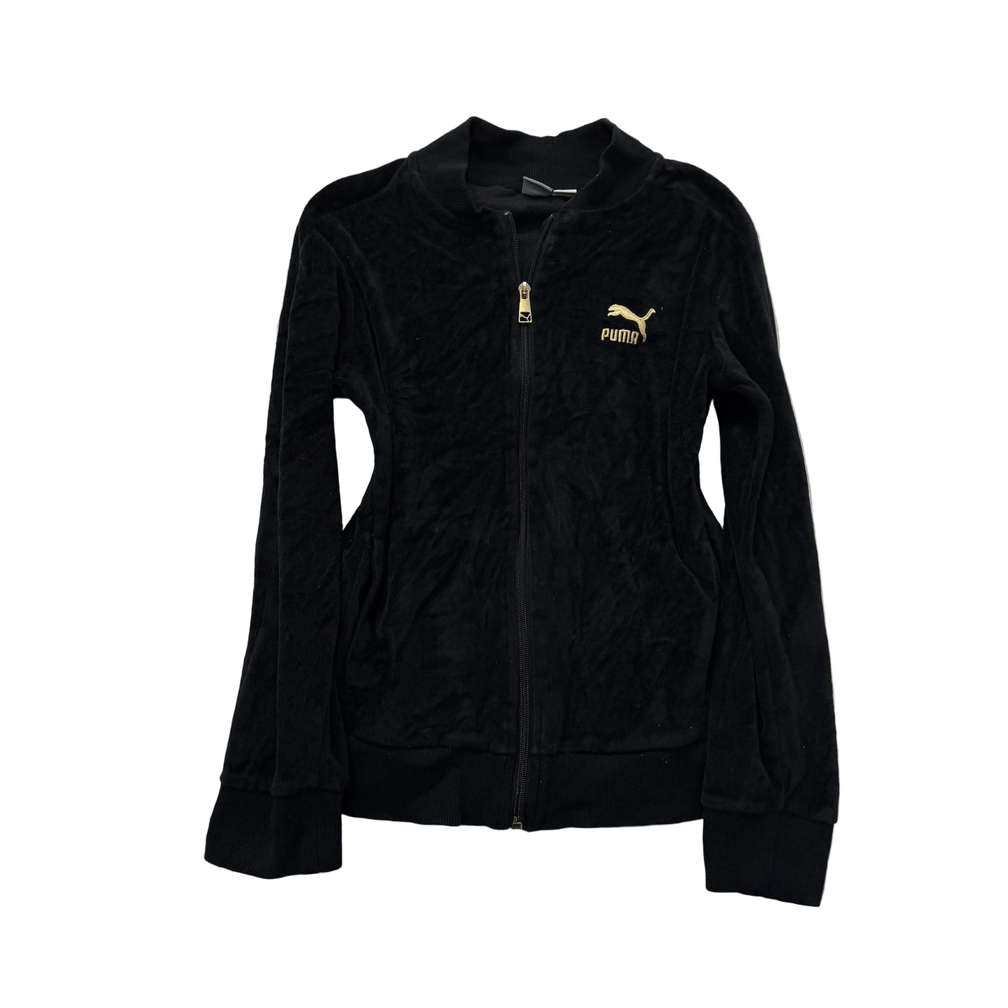 Puma Womens Jet Black Velour Full Zip Track Jacket Slash Pockets Logo Y2K Size M