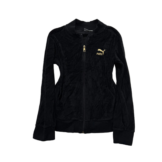 Puma Womens Jet Black Velour Full Zip Track Jacket Slash Pockets Logo Y2K Size M