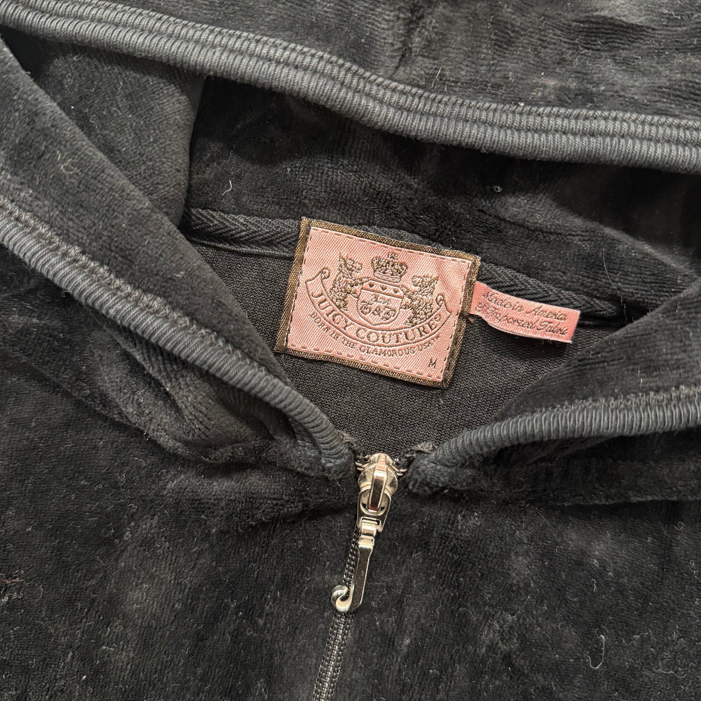 Juicy Couture Black Velour Tracksuit Set Zip Up Hoodie & Flared Pants Y2K Size M