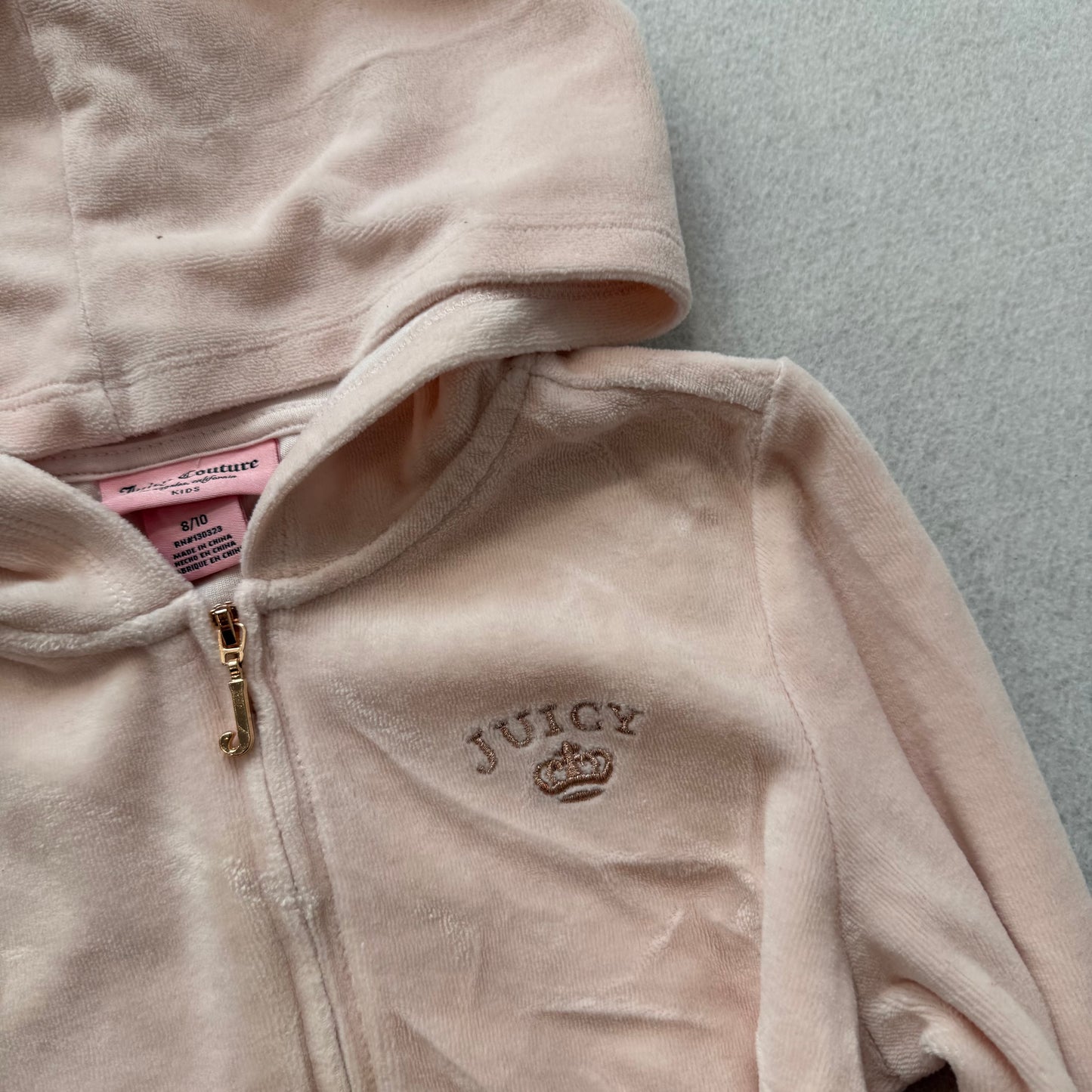 Juicy Couture Kid's Light Pink Velour Zip-Up Hoodie Rhinestones Logo Size 8/10