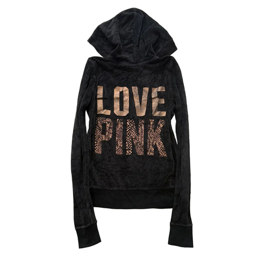 PINK Victoria's Secret Women's Black Velour Zip Up Hoodie Graphic Logo Size XS