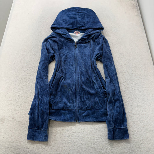 Juicy Couture Women's Navy Blue Velour Zip-Up Hoodie Pockets Loungewear Size L