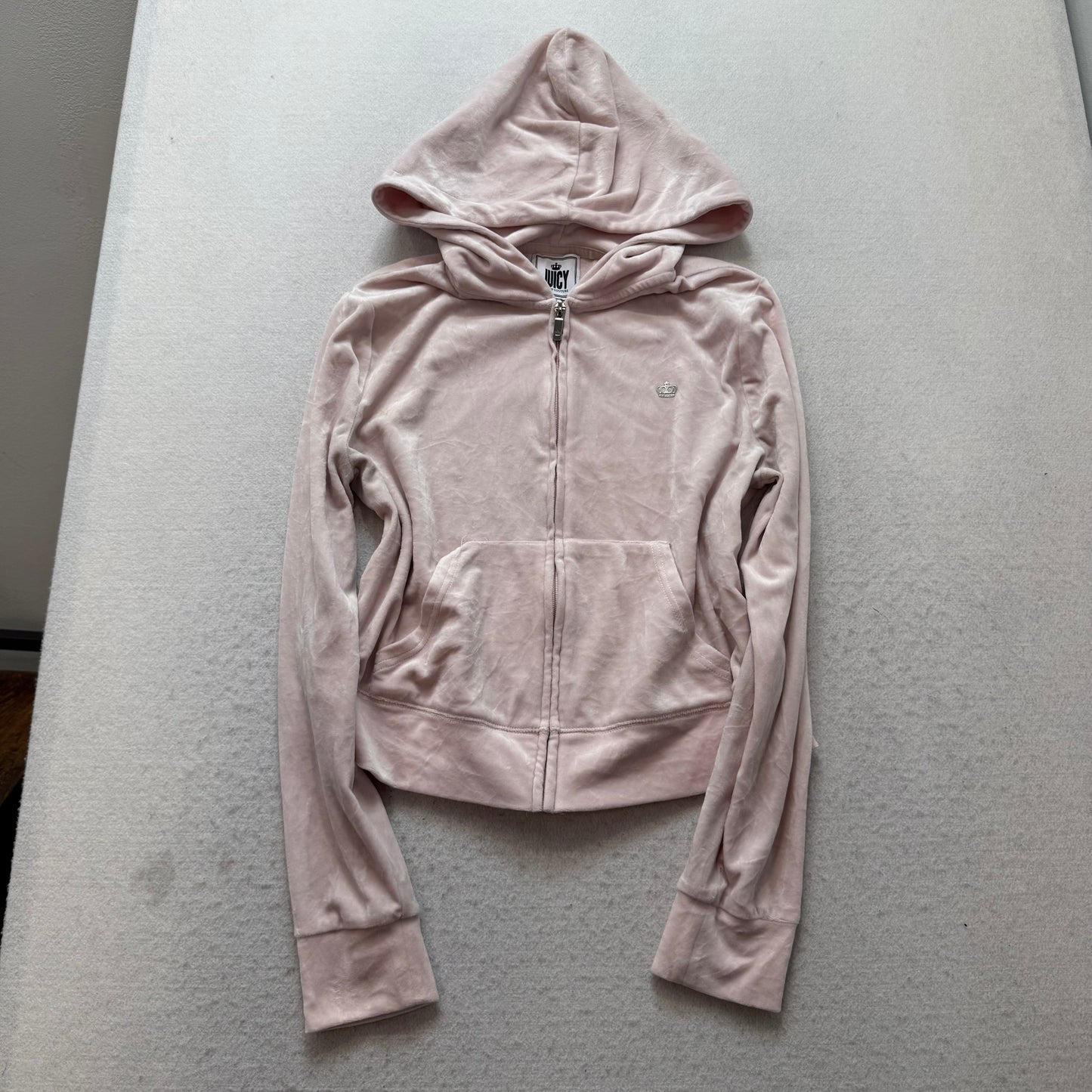 Juicy Couture Womens Light Pink Velour Zip-Up Hoodie Pockets Glitter Logo Size M