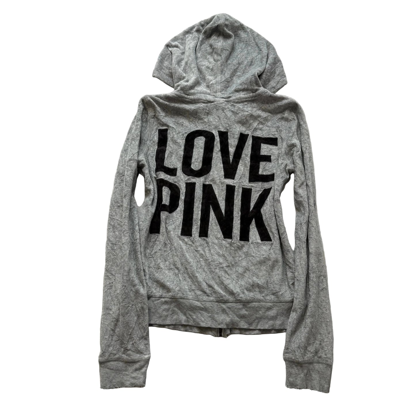 Vintage Victoria's Secret PINK Gray Velour LOVE PINK Back Graphic Hoodie Size S