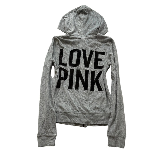 Vintage Victoria's Secret PINK Gray Velour LOVE PINK Back Graphic Hoodie Size S