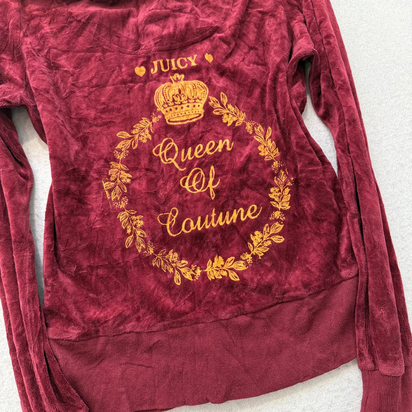 Vintage Juicy Couture “Queen of Couture“ Women's Maroon Zip Up Hoodie Y2K Size L