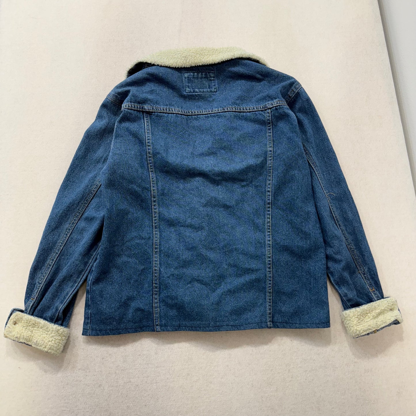 Forever 21 Blue Denim Sherpa Lined Jacket Faux Fur Collar Button Front Size M