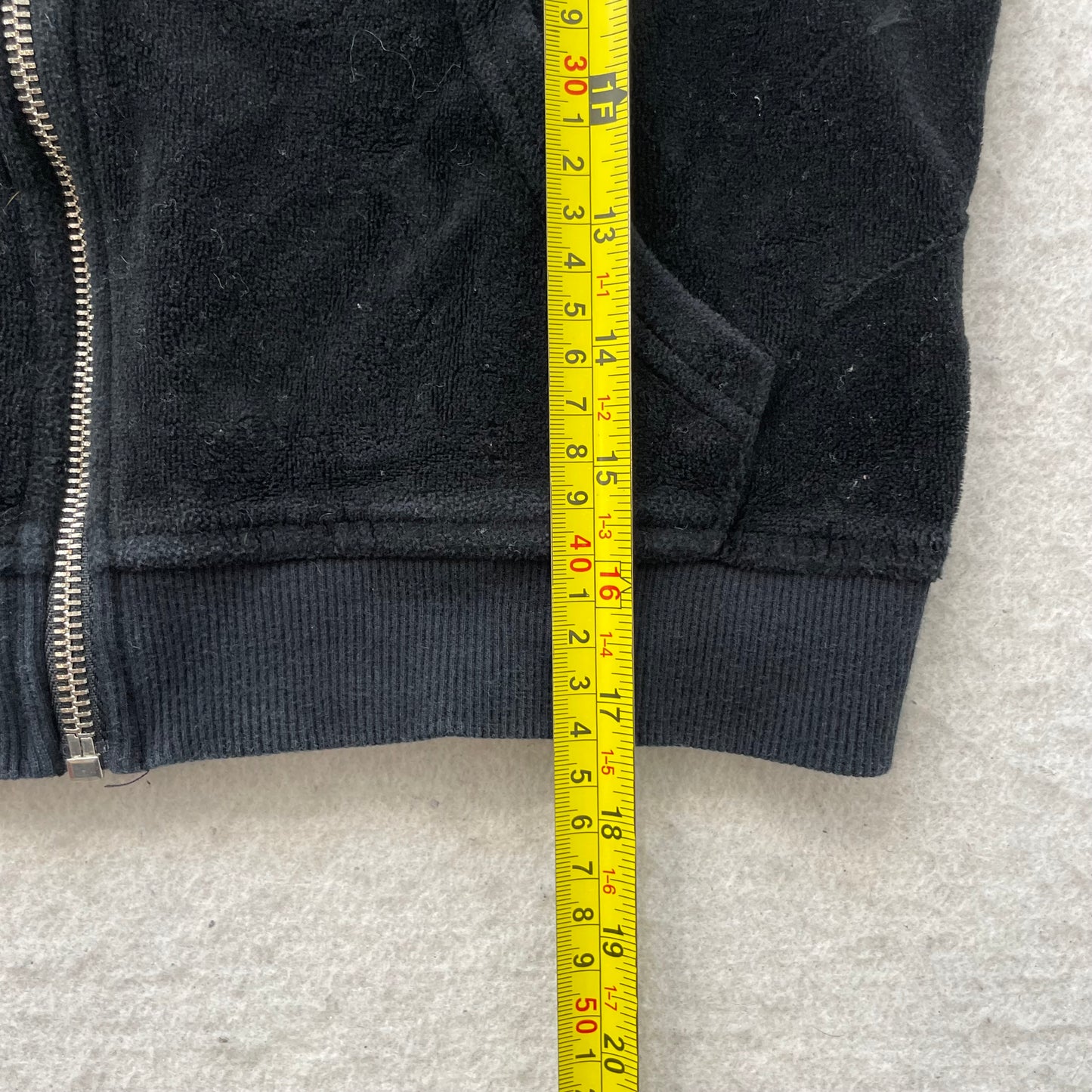 Juicy Couture Women's Black Velour Zip-Up Hoodie Drawstring Pockets Logo Size S