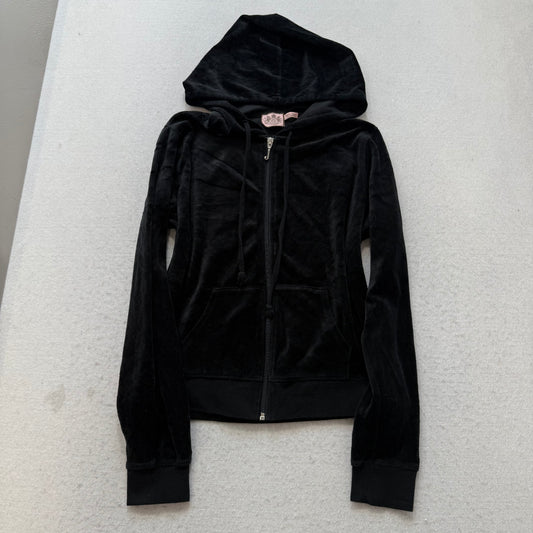 Juicy Couture Scottie Dogs Womens Black Velour Zip-Up Hoodie Pockets Logo Size M