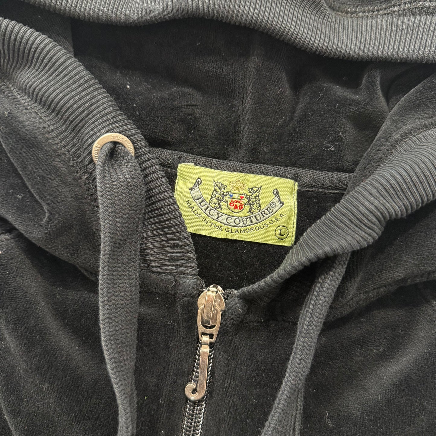 2003 Vintage Juicy Couture Womens Black Velour Full Zip Hoodie Loungewear Size L