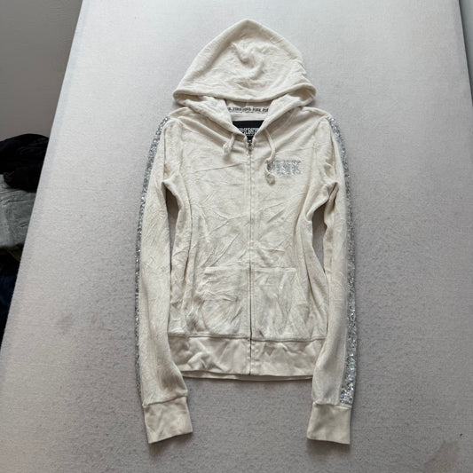 Victoria's Secret PINK Womens Off White Velour Hoodie Silver Sequin Logo Size XS