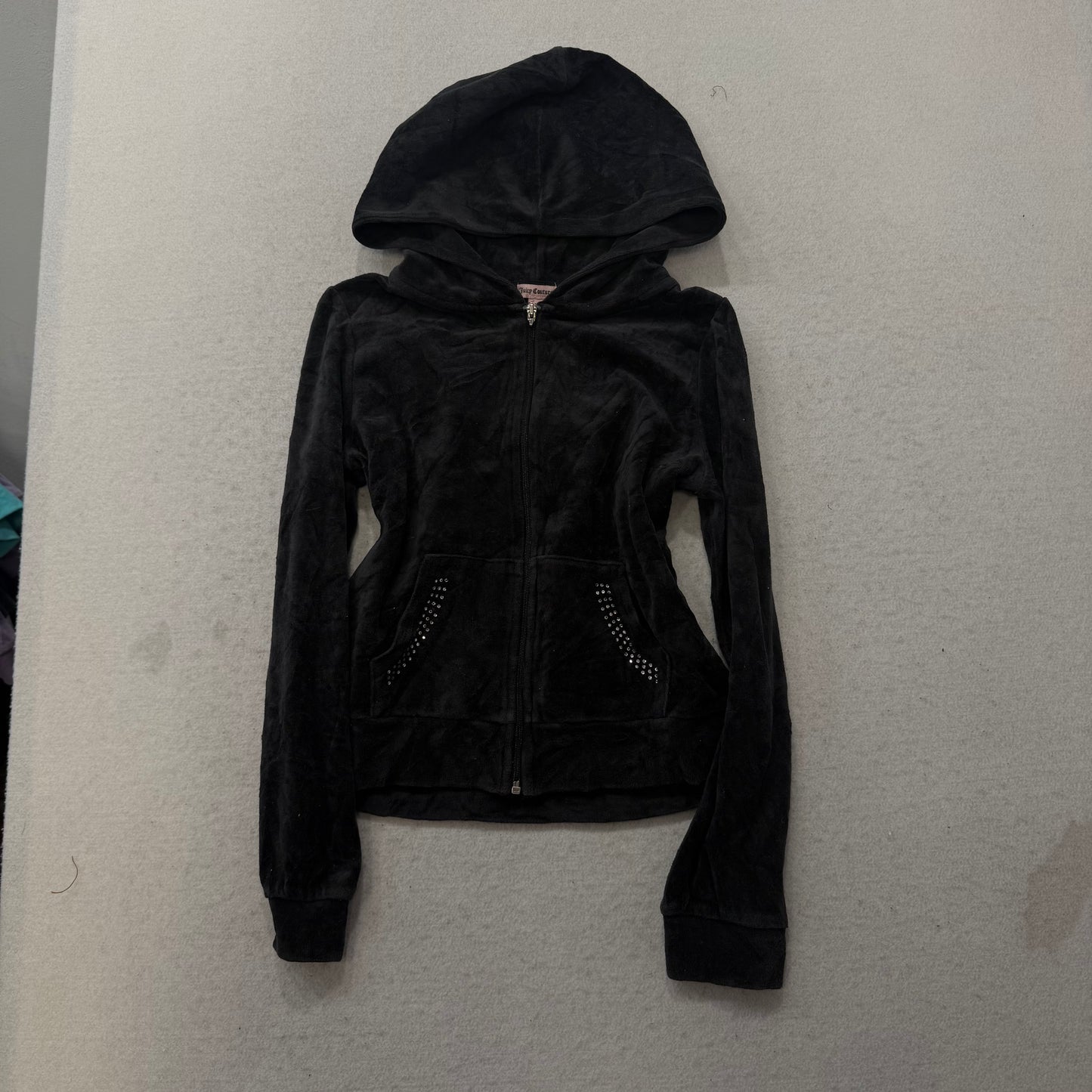 Juicy Couture Women's Black Velour Zip-Up Hoodie Floral Graphic Logo Size 10/12