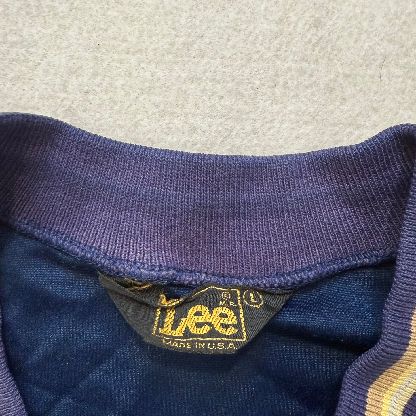 Lee Navy Velour V-Neck Sweater Purple Trim Made in USA Size L