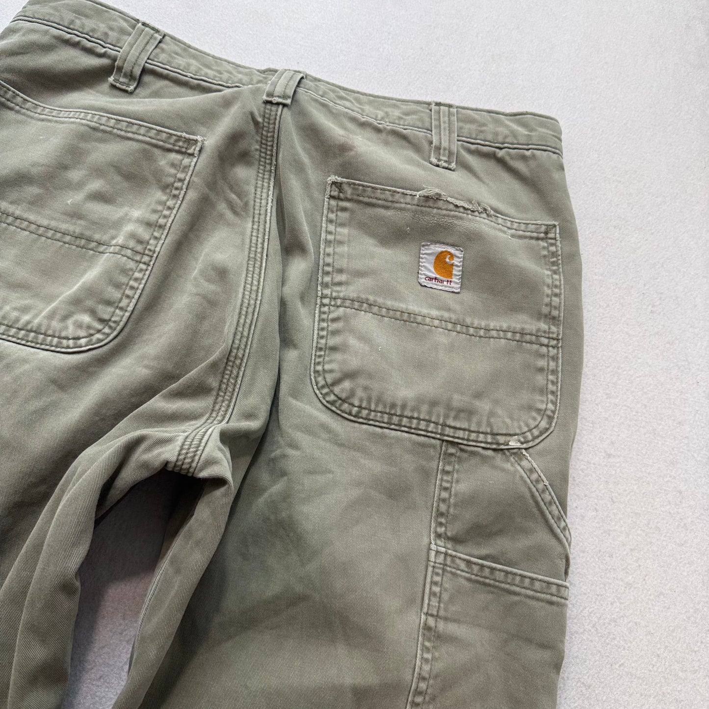 Carhartt Relaxed Fit Men Olive Green Flannel-Lined Double Knee Work Pant - 32x34