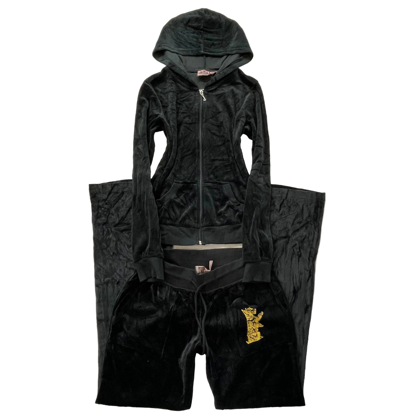 Juicy Couture Women's Black Velour Tracksuit Set Hoodie & Flared Pant Y2k Size M