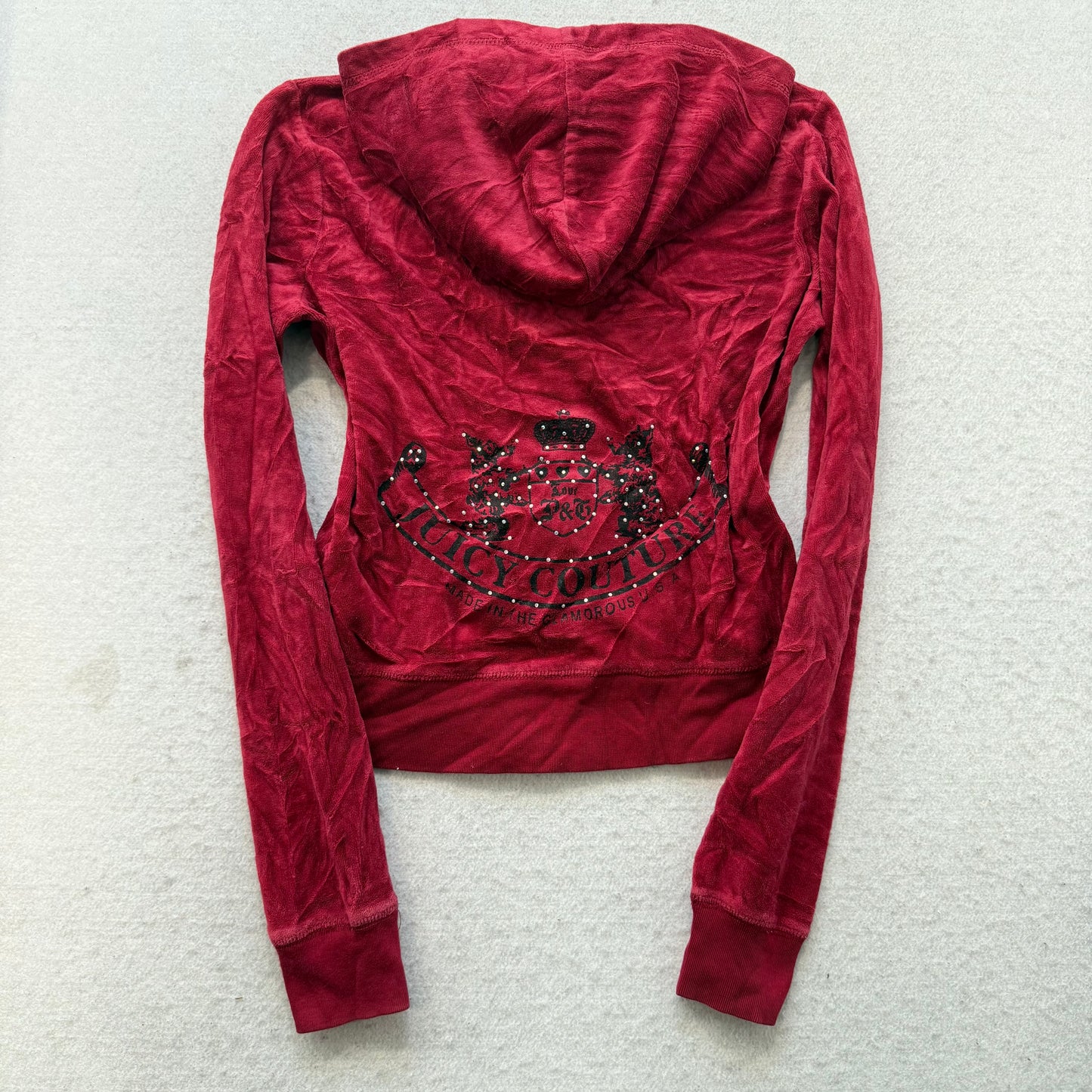 Juicy Couture Women Wine Red Velour Tracksuit Set Hoodie & Pant Pockets Size S/M