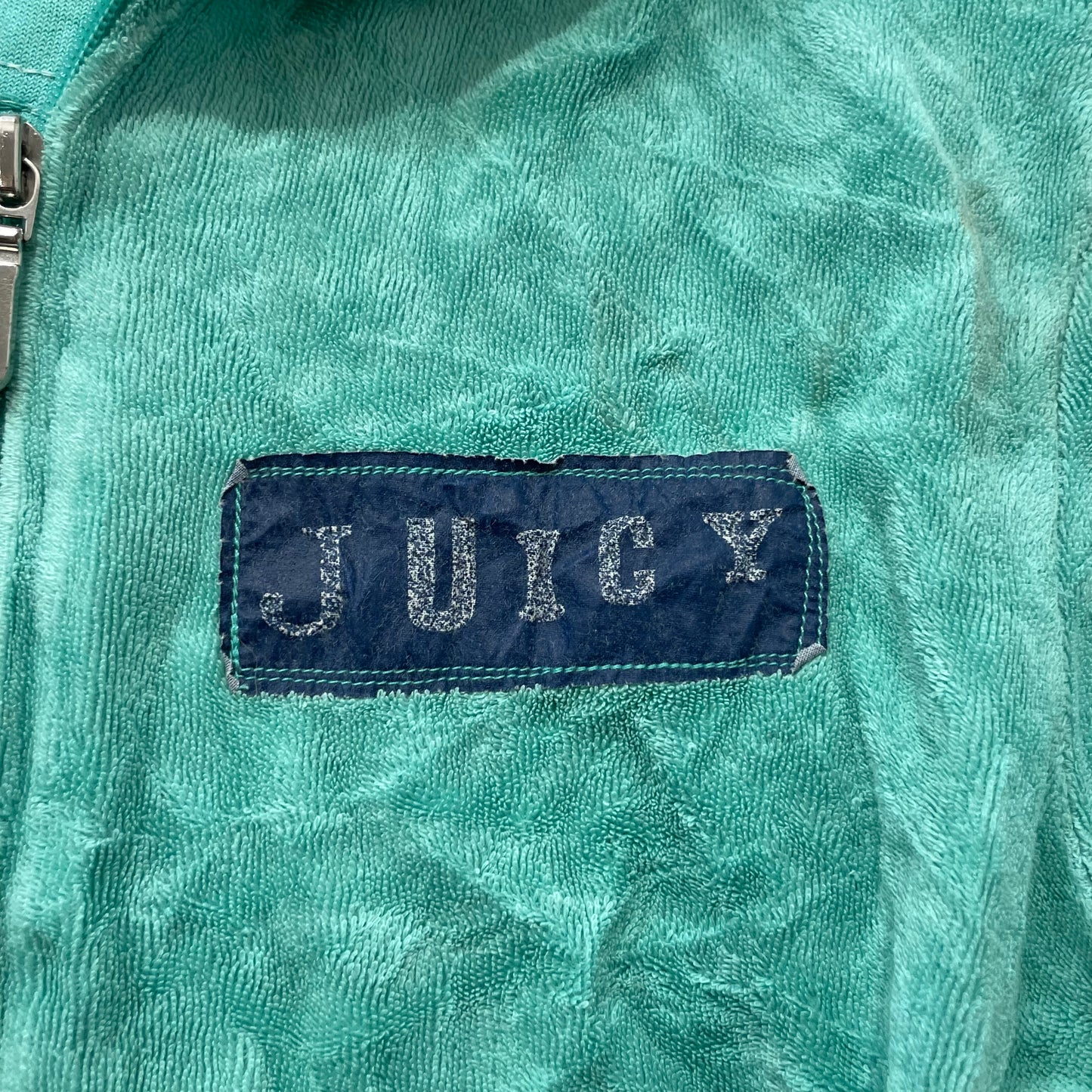 Vintage Juicy Couture Womens Teal Terry Cloth Hoodie Short Sleeve Graphic Size L