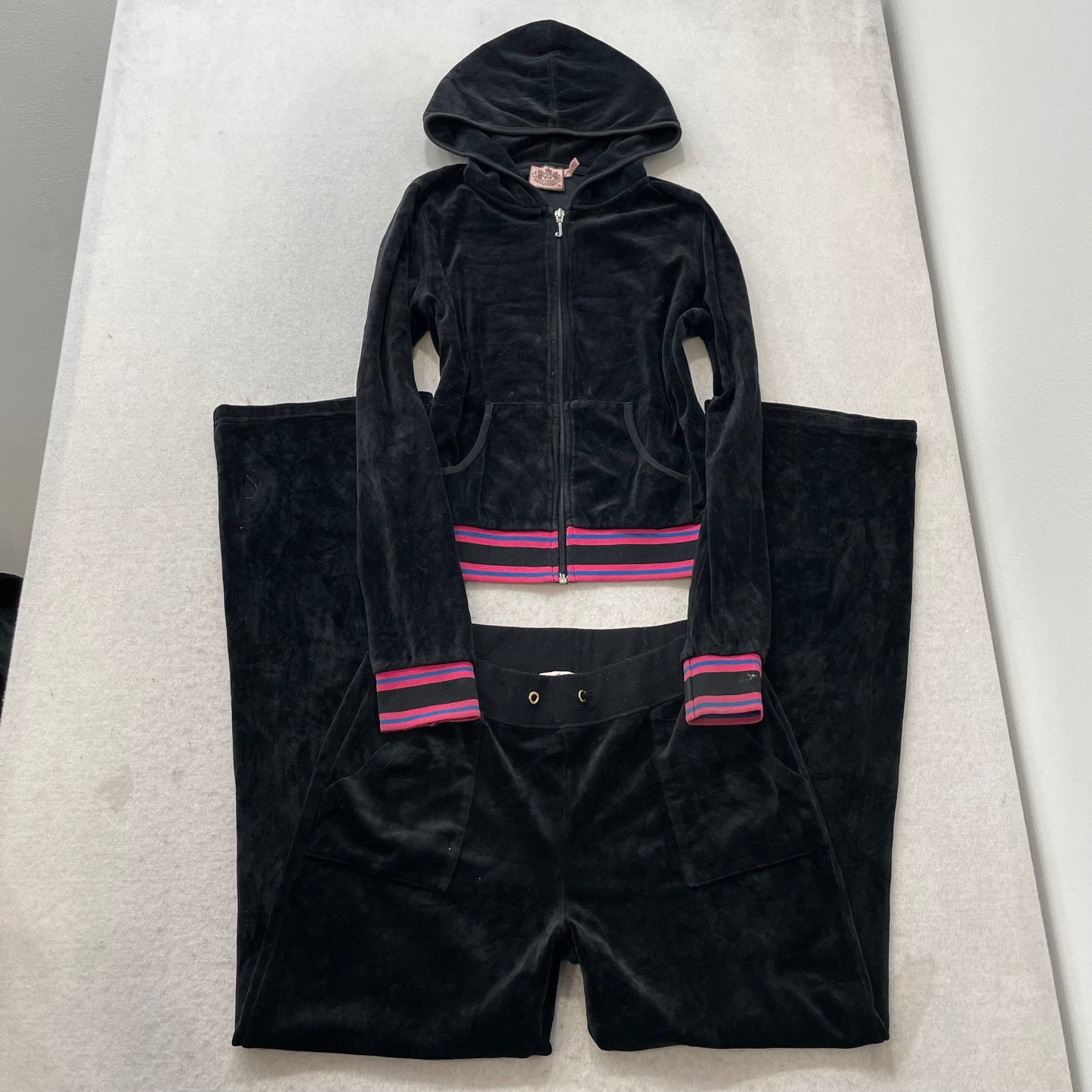 Vtg Juicy Couture Women's Black Velour Tracksuit Set Hoodie & Flared Pant Size S
