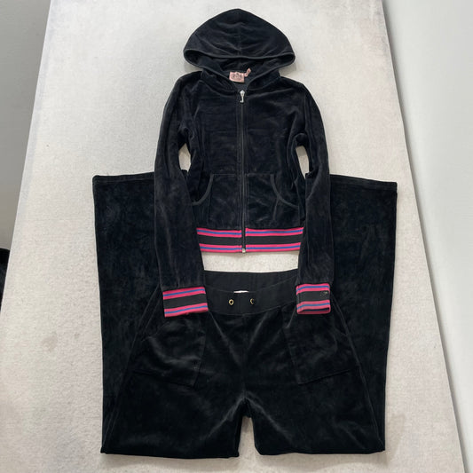 Vtg Juicy Couture Women's Black Velour Tracksuit Set Hoodie & Flared Pant Size S