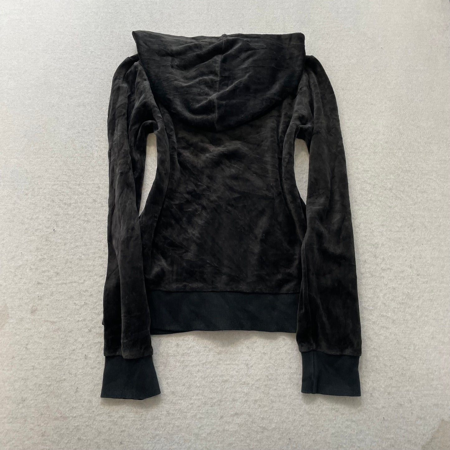 Vintage Juicy Couture Women Black Velour Zip-Up Hoodie Loungewear Pockets Size S