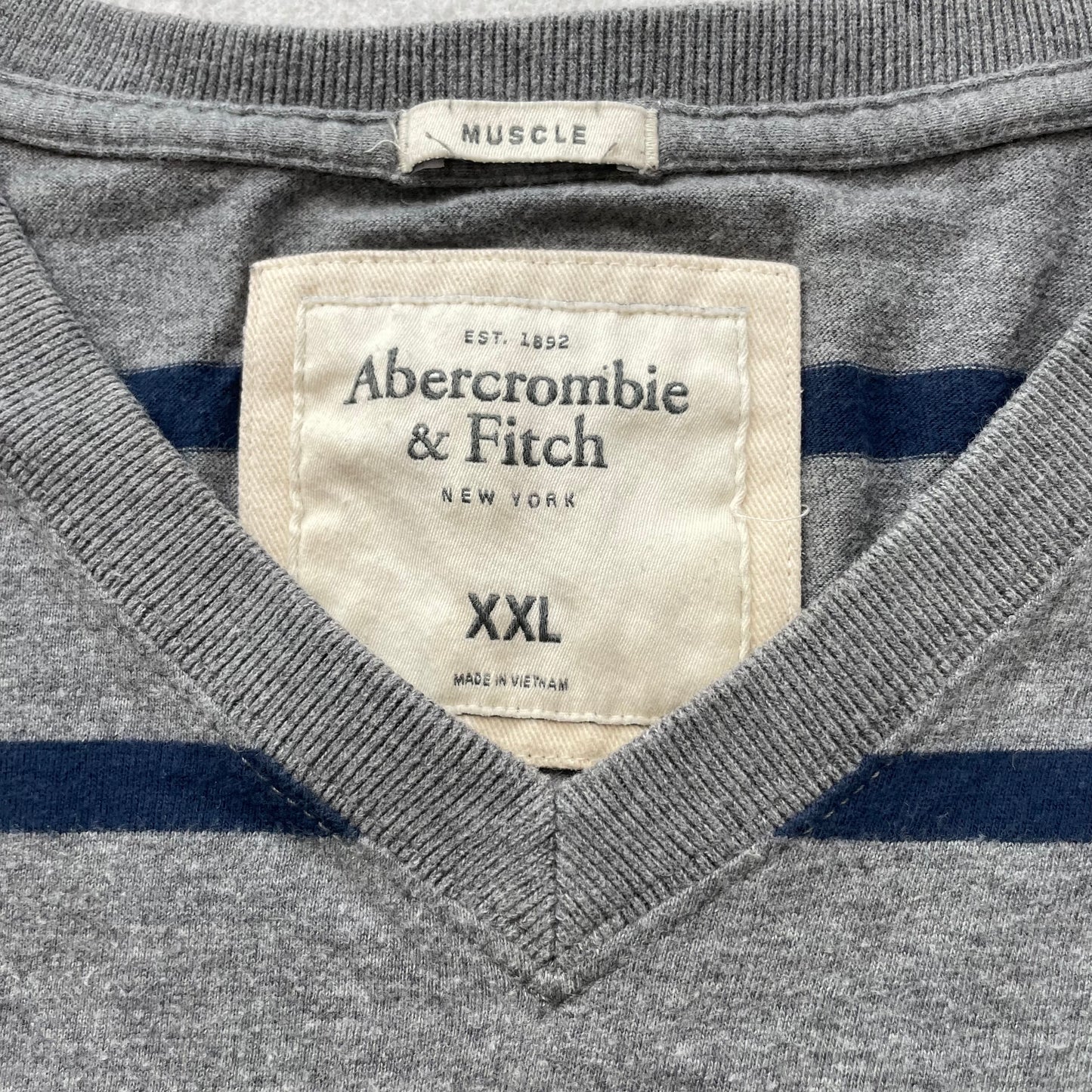 Abercrombie & Fitch Muscle T-Shirt Men Gray Blue Striped V-Neck Moose logo - 2XL