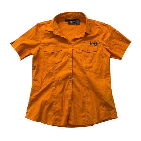 Harley-Davidson Women's Orange Cotton Blend Button-Up Shirt Short Sleeves Size L
