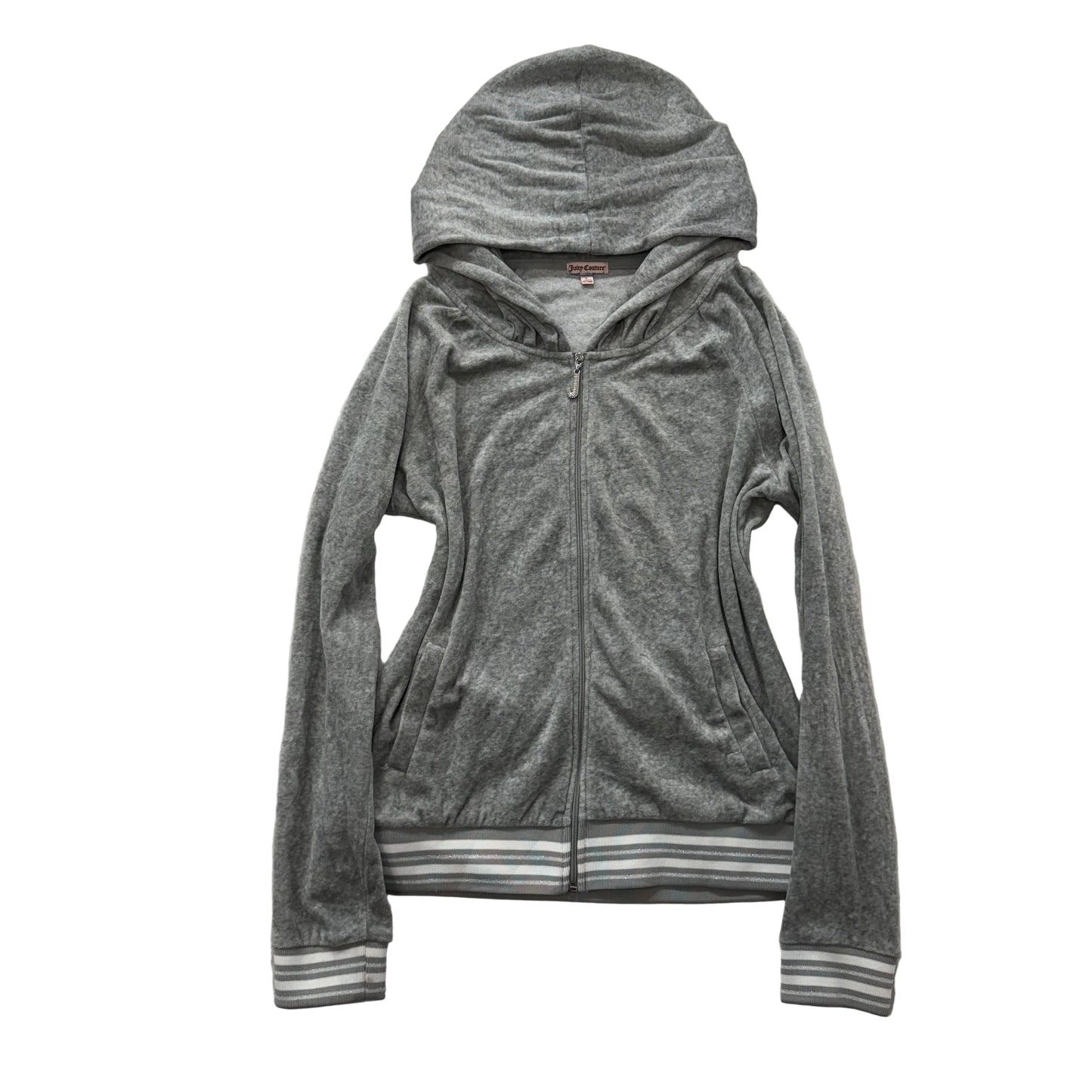 Juicy Couture Gray Velour Striped Ribbed Trim Hoodie Y2K Regular Fit Size L