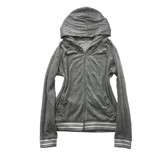 Juicy Couture Gray Velour Striped Ribbed Trim Hoodie Y2K Regular Fit Size L