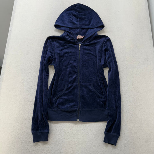 Juicy Couture Women's Navy Velour Full Zip Hoodie Graphic Logo Loungewear Size M