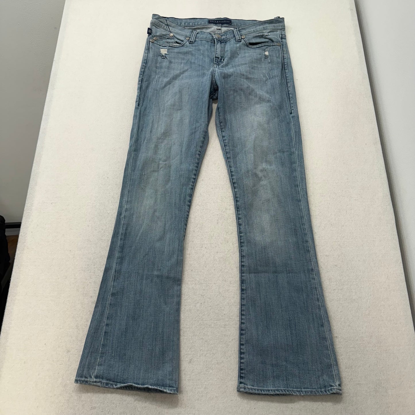 Rock & Republic Women's Blue Denim Bootcut Jeans Rhinestone Logo Pockets Size 10