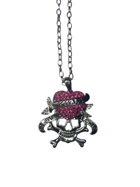 ED HARDY “Love Kills Slowly” PINK STAINLESS STEEL RHINESTONE NECKLACE