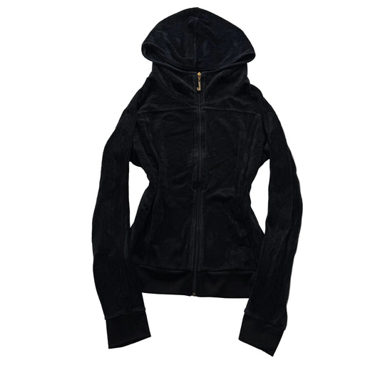 Juicy Couture Women's Black Velour Zip-Up Hoodie Rhinestone Zip Pockets Size S