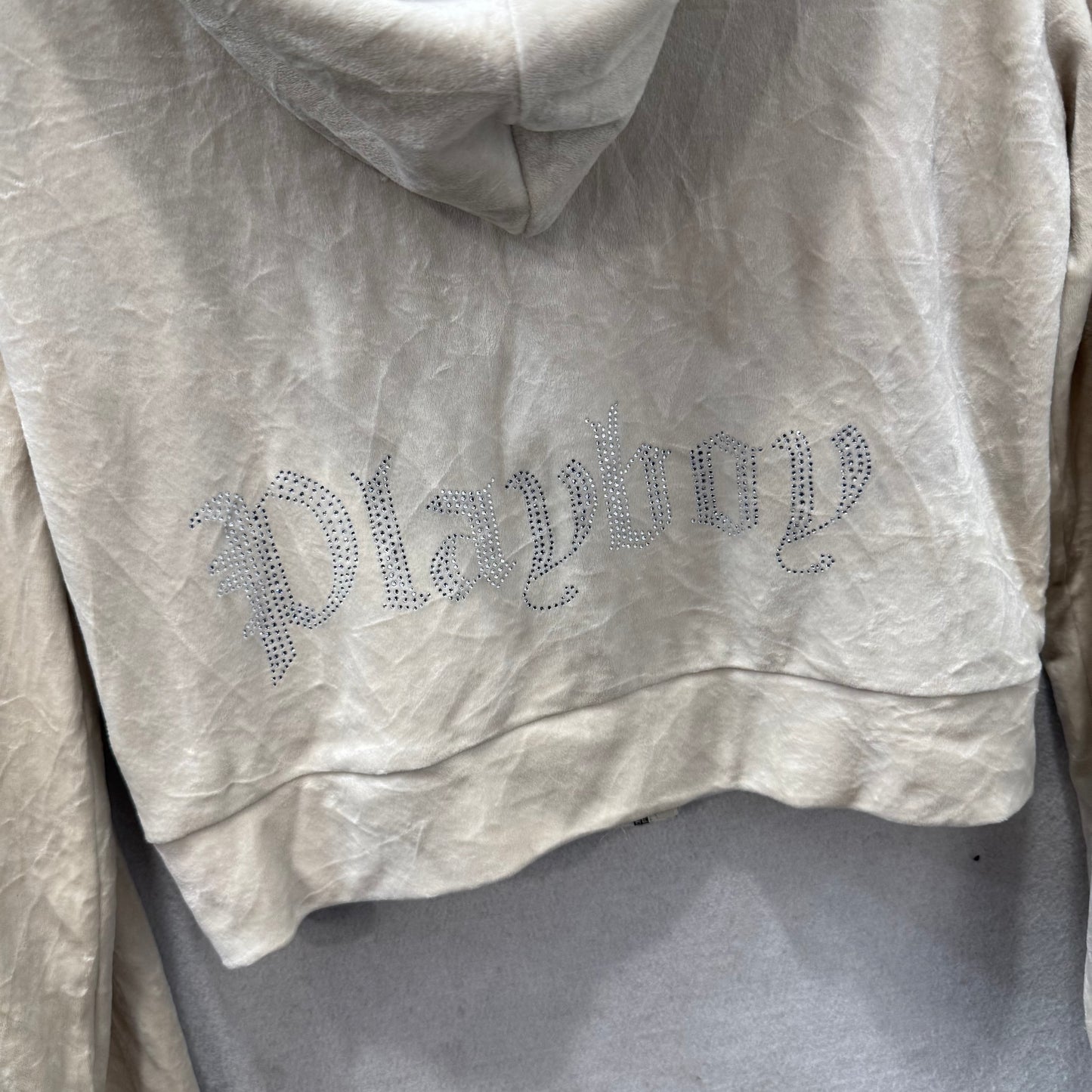 Playboy Women's Ivory Velour Zip-Up Cropped Hoodie Rhinestone Bunny Logo Size S