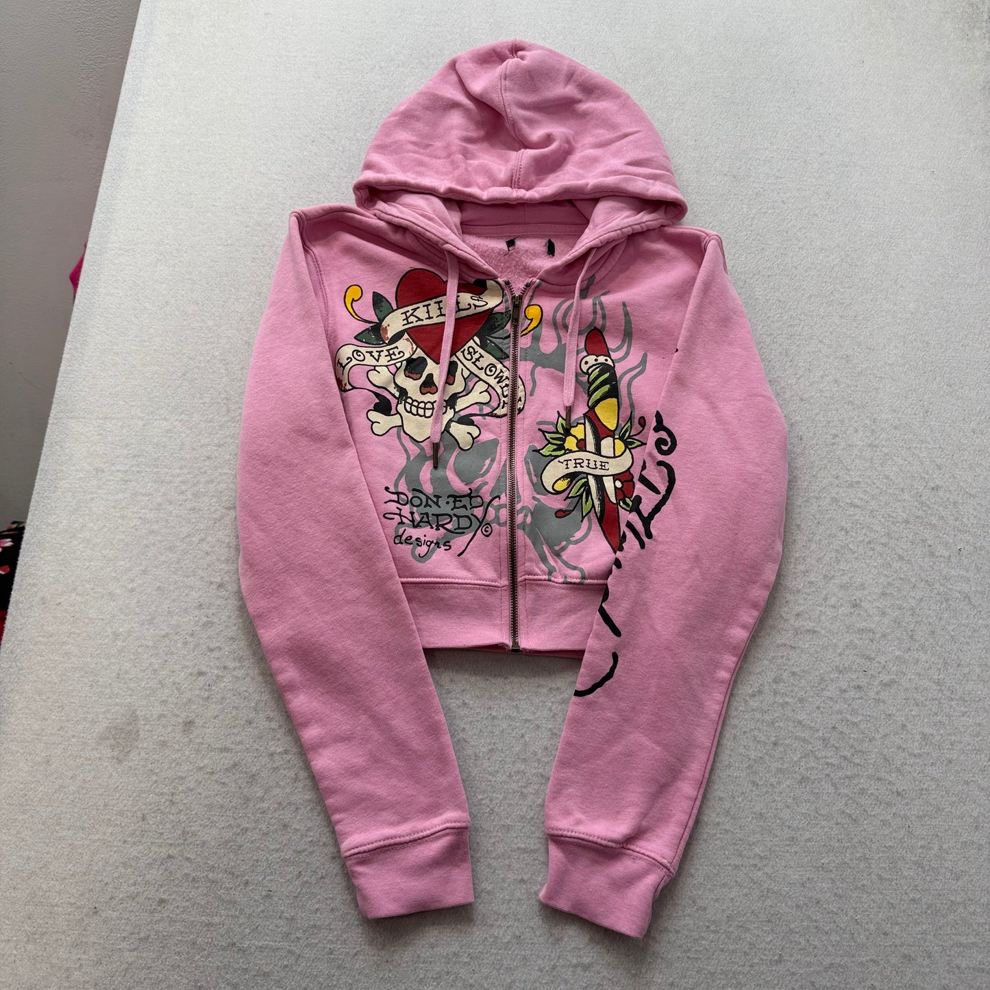 Ed Hardy Love Skull & Tiger Women's Pink Zip-Up Cropped Hoodie Graphic Size XL