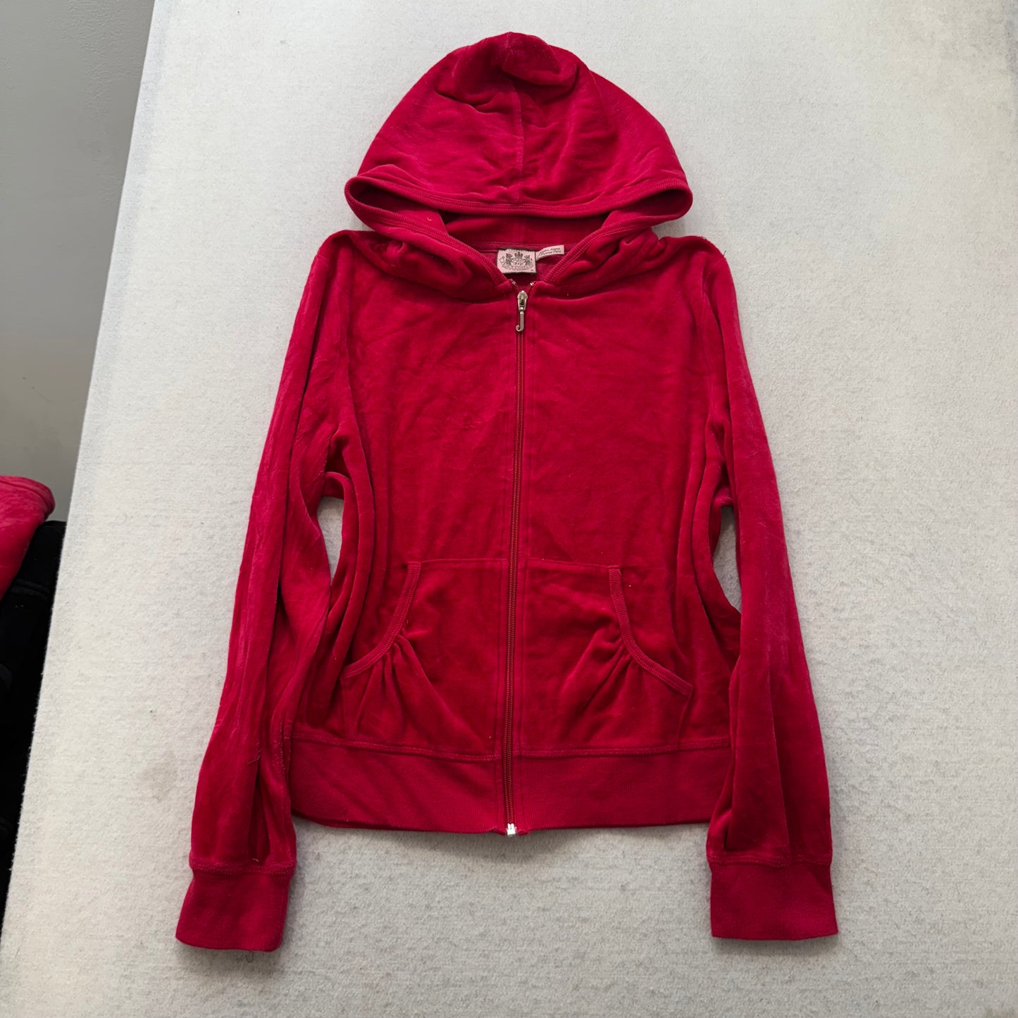 Juicy Couture Women Red Velour Tracksuit Set Zip-Up Hoodie & Flared Pant Size XL