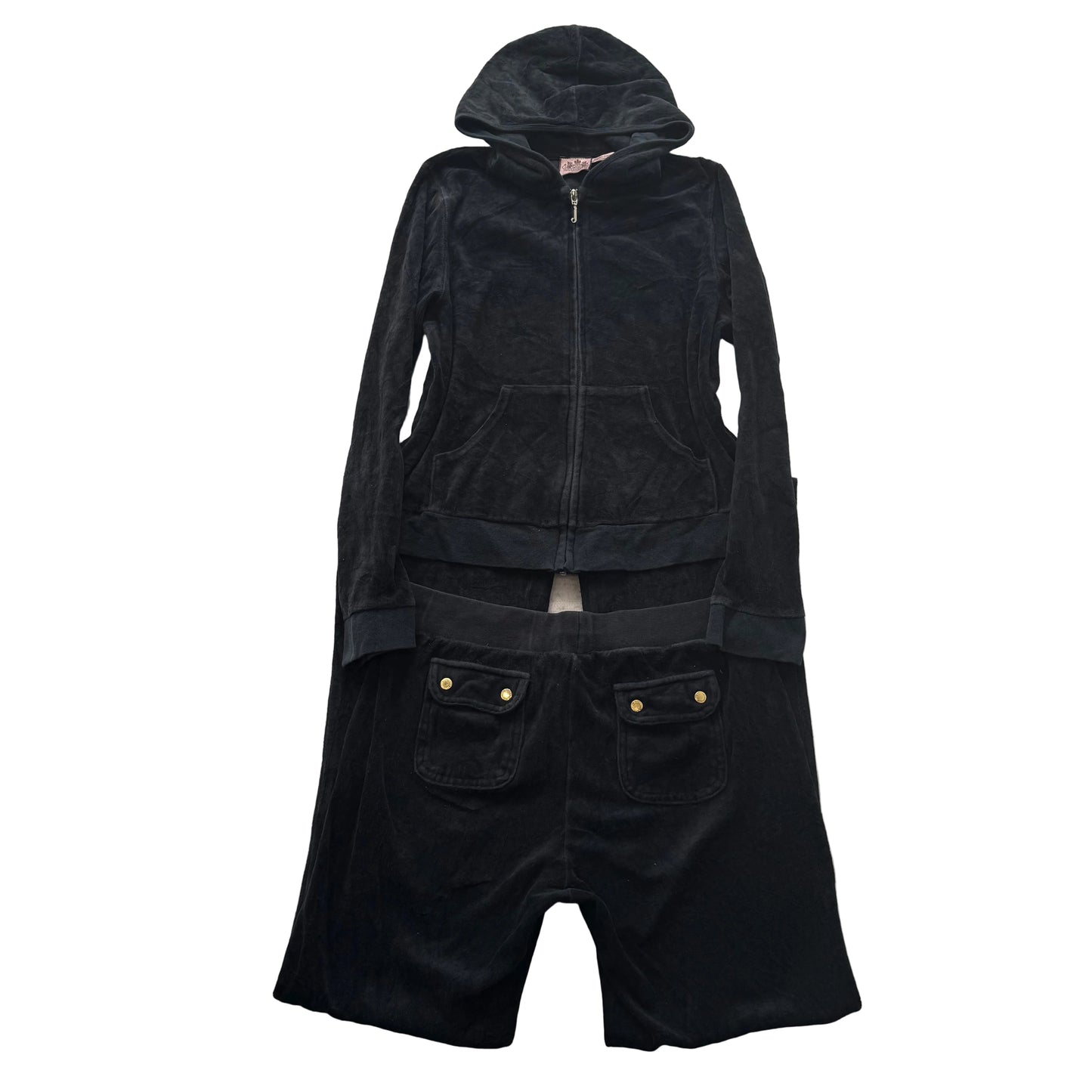 Juicy Couture Women Black Velour Tracksuit Set Hoodie & Snap Pockets Pant Size M