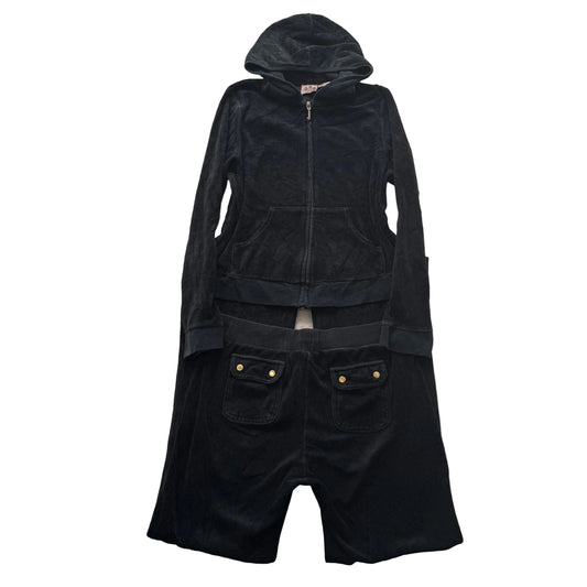 Juicy Couture Women Black Velour Tracksuit Set Hoodie & Snap Pockets Pant Size M