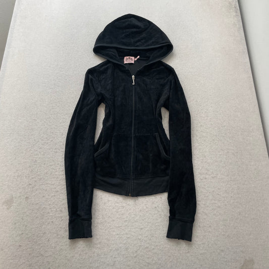 Vintage Juicy Couture Women's Black Velour Zip-Up Hoodie Embroidered Logo Size S