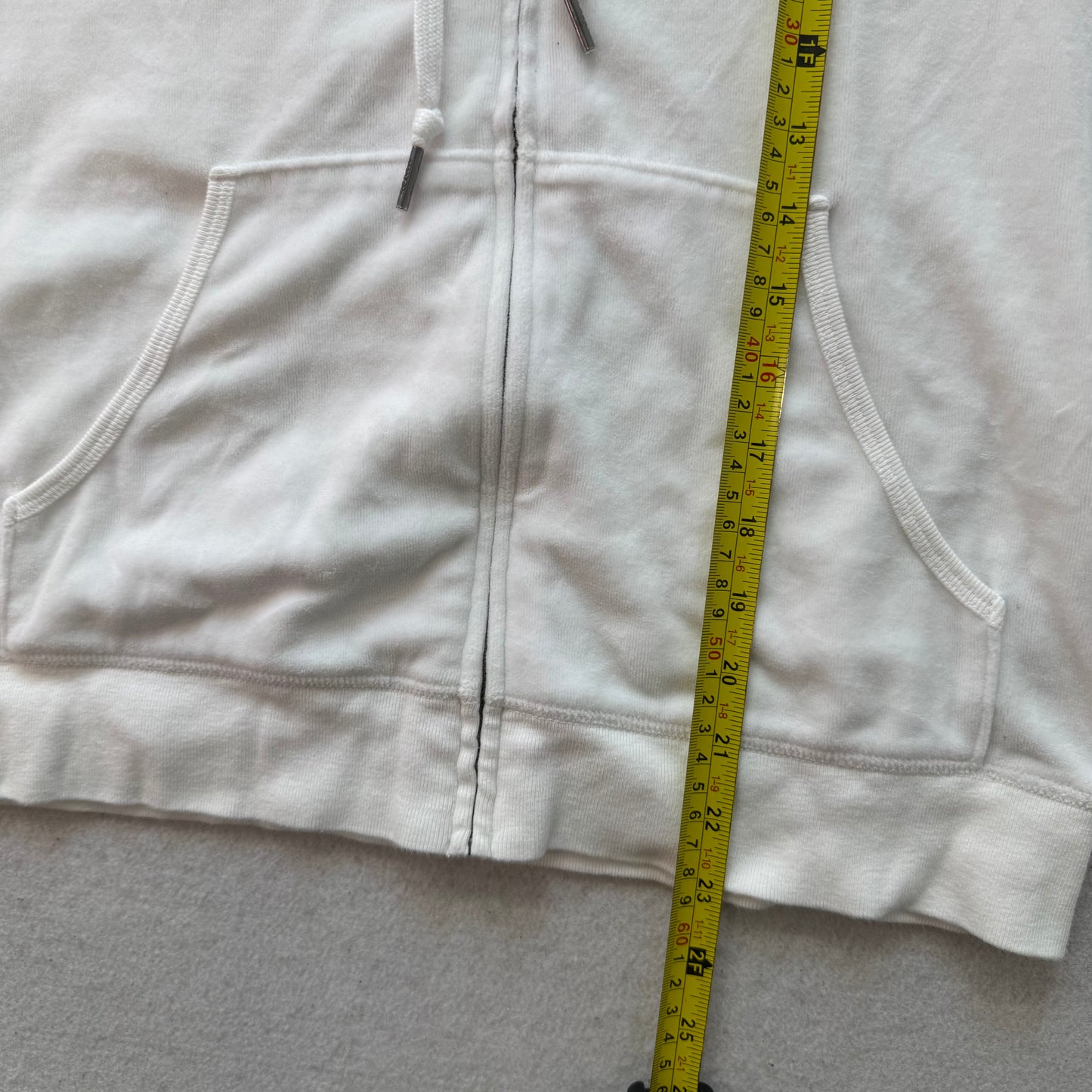 RARE Juicy Couture Womens White Velour Short Sleeve Floral Zip-Up Hoodie Size XL