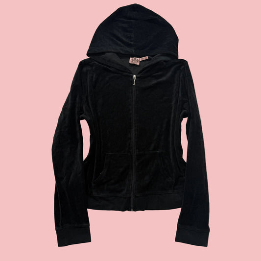 Vintage Juicy Couture Women's Black Velour Full Zip Hoodie Y2k Pockets Size L