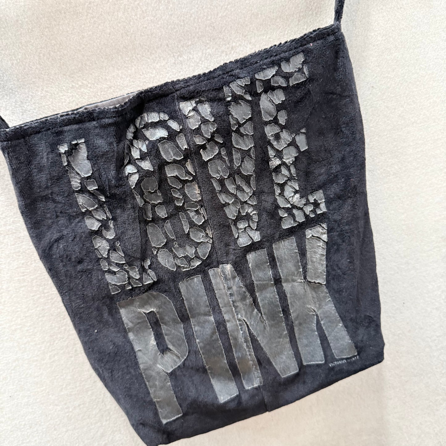 Victoria's Secret PINK Black Velour Graphic Logo Casual Shoulder Tote Bag Size M