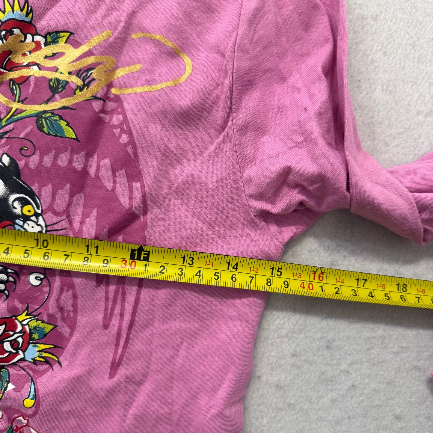 Ed Hardy Women Pink Cropped T-Shirt Long Sleeve Black Panther Graphic Tee Size M