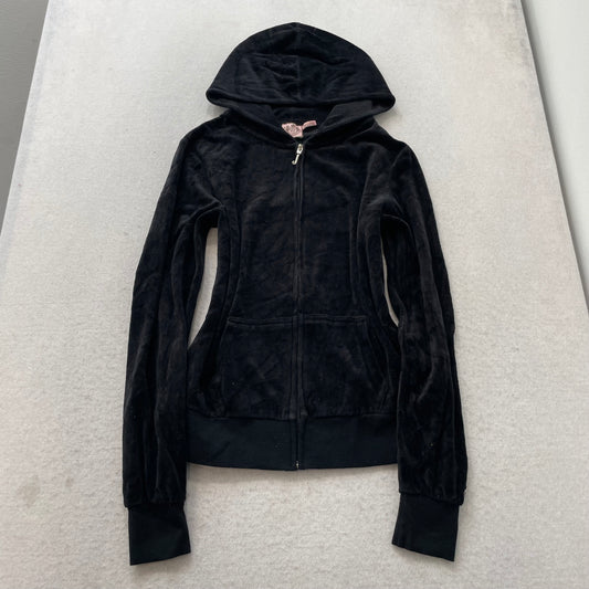 Vtg Juicy Couture Women's Black Velour Tracksuit Set Hoodie & Pant Logo Size L