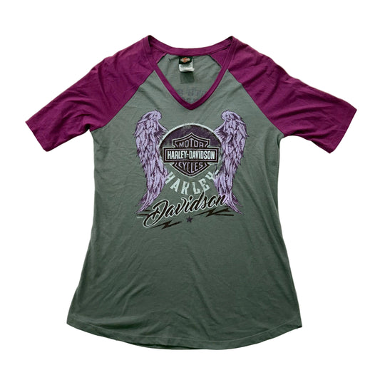 Harley-Davidson Women's Gray Purple Winged Graphic T-Shirt Raglan Sleeves Size L
