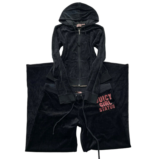 Vintage Juicy Couture Women's Black Velour Tracksuit Set Hoodie & Pant Size L