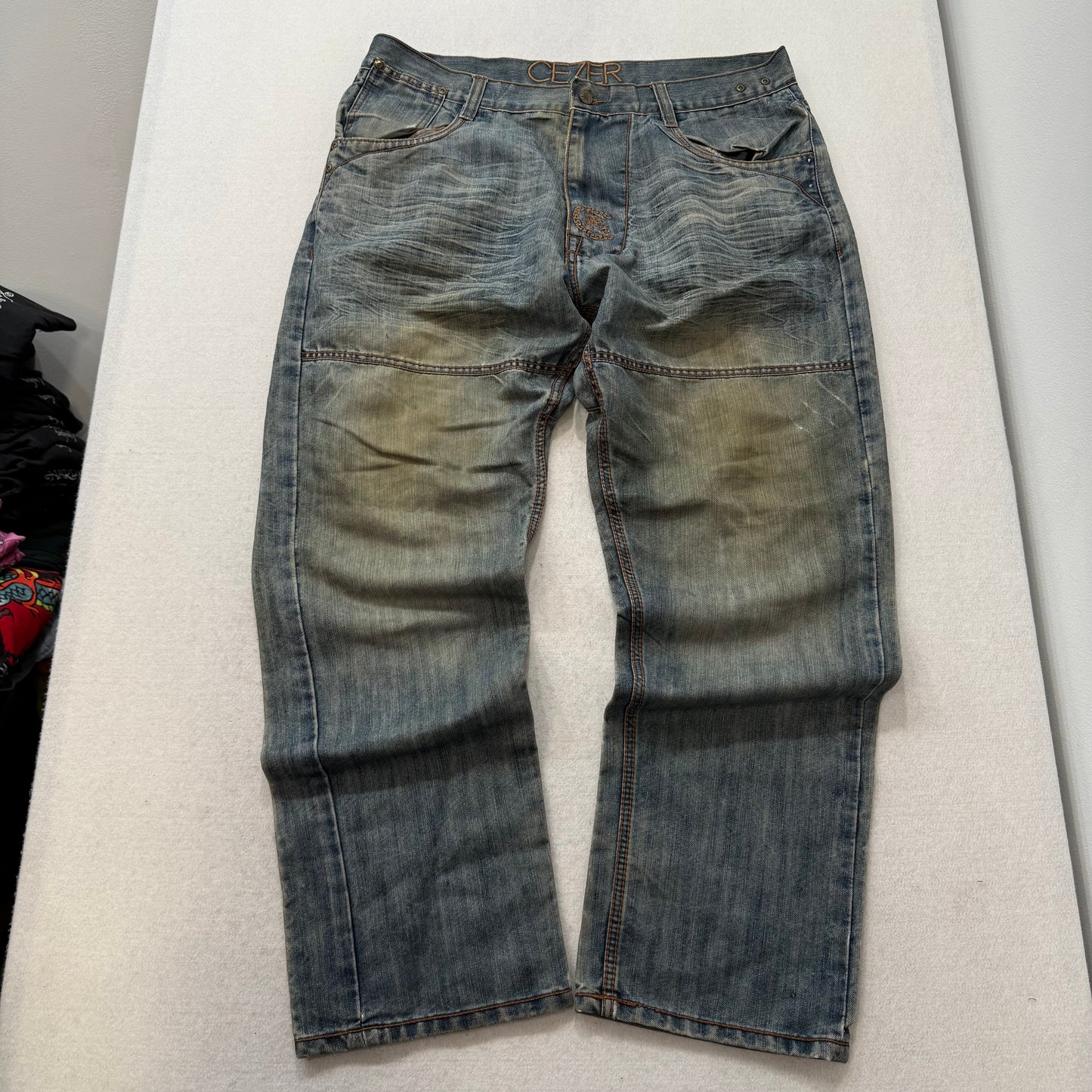 CEZER Men's Light Blue Denim Baggy Jeans Outer Flap Back Pockets Faded Size 40