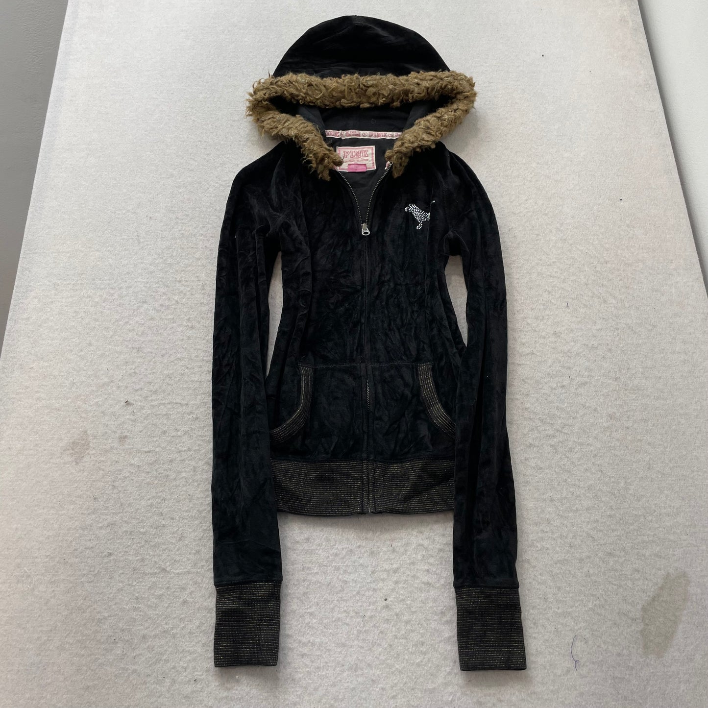 Victoria's Secret PINK Women Black Velour Zip-Up Hoodie Faux Fur-Lined Hood - XS